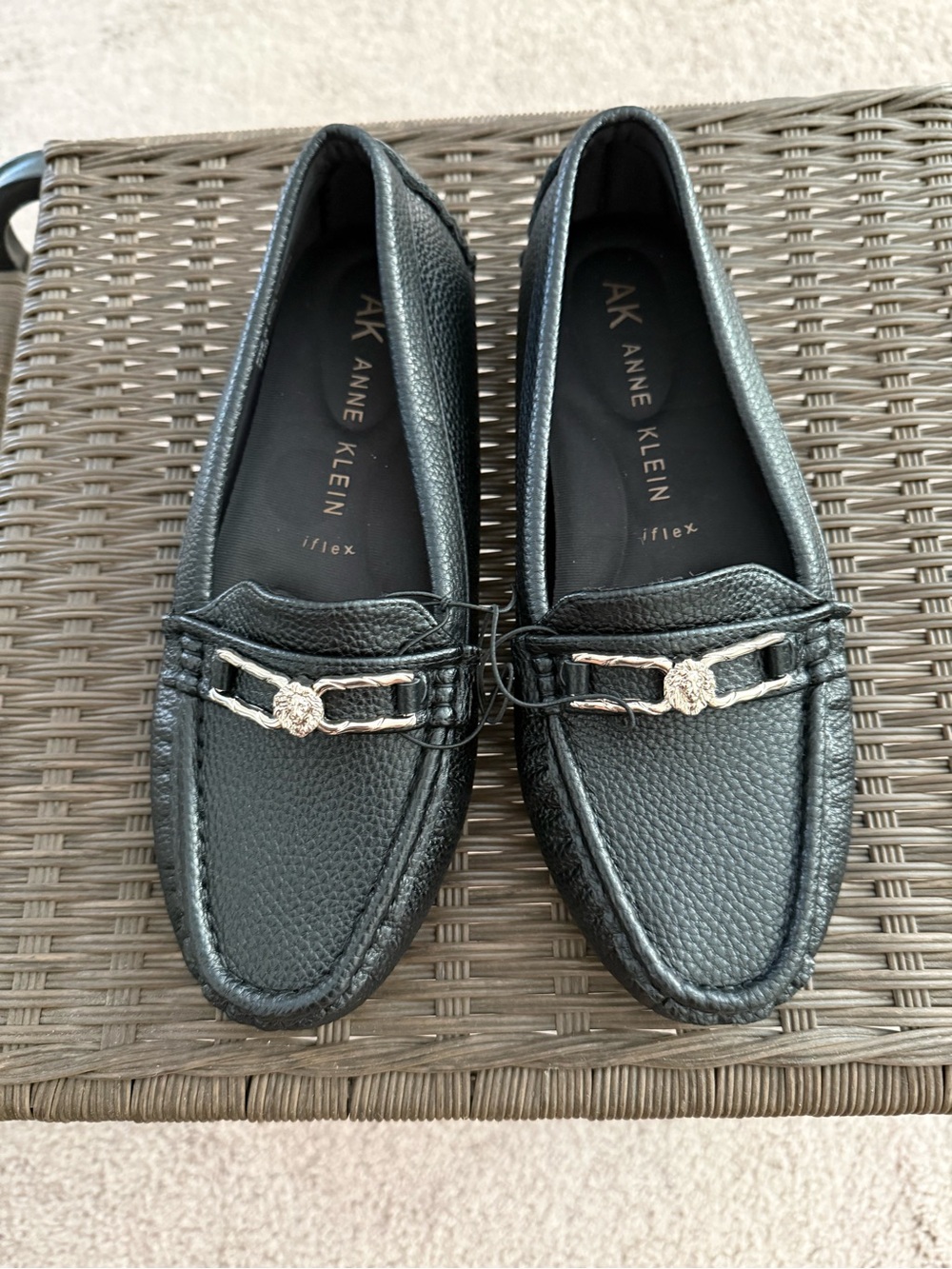 Anne Klein Black Pebbled Leather Slip-On Loafers with Silver Bit